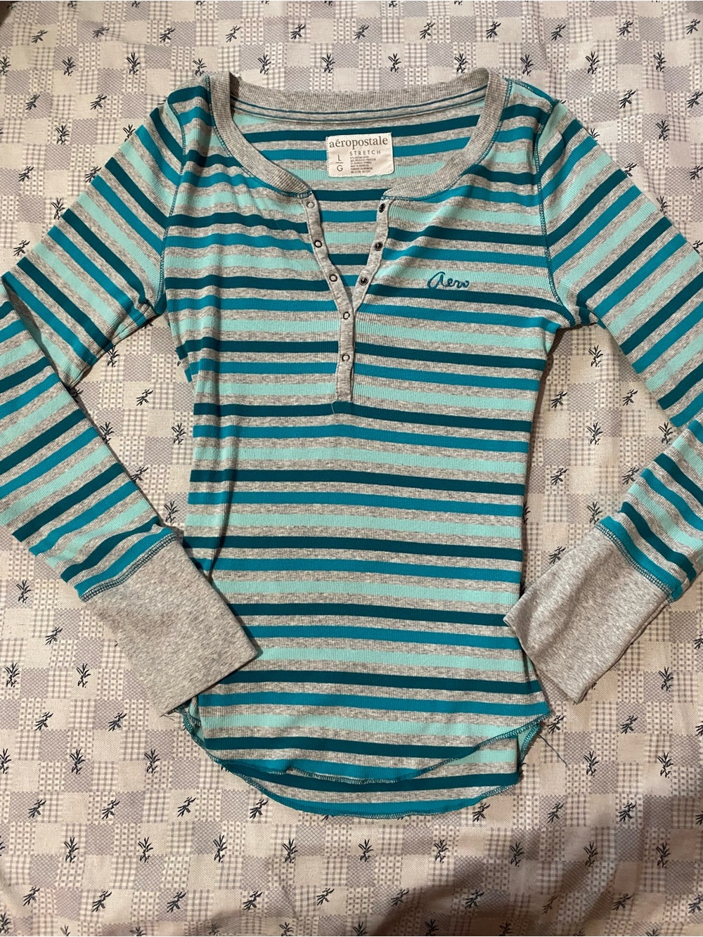 Vintage Aeropostale Teal & Gray Striped Henley Long Sleeve Top